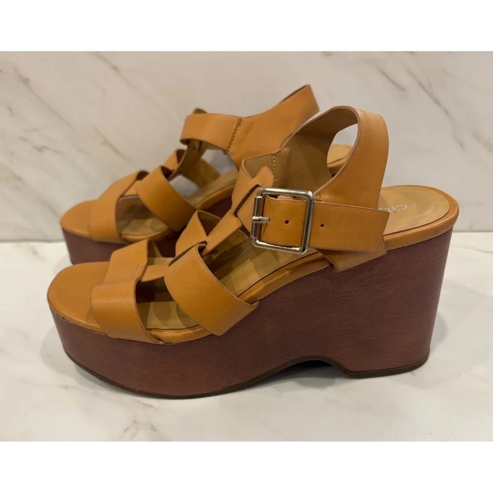 City Classified Wedge Sandals Women 7.5 Strappy Platform Vegan Leather Wood Heel